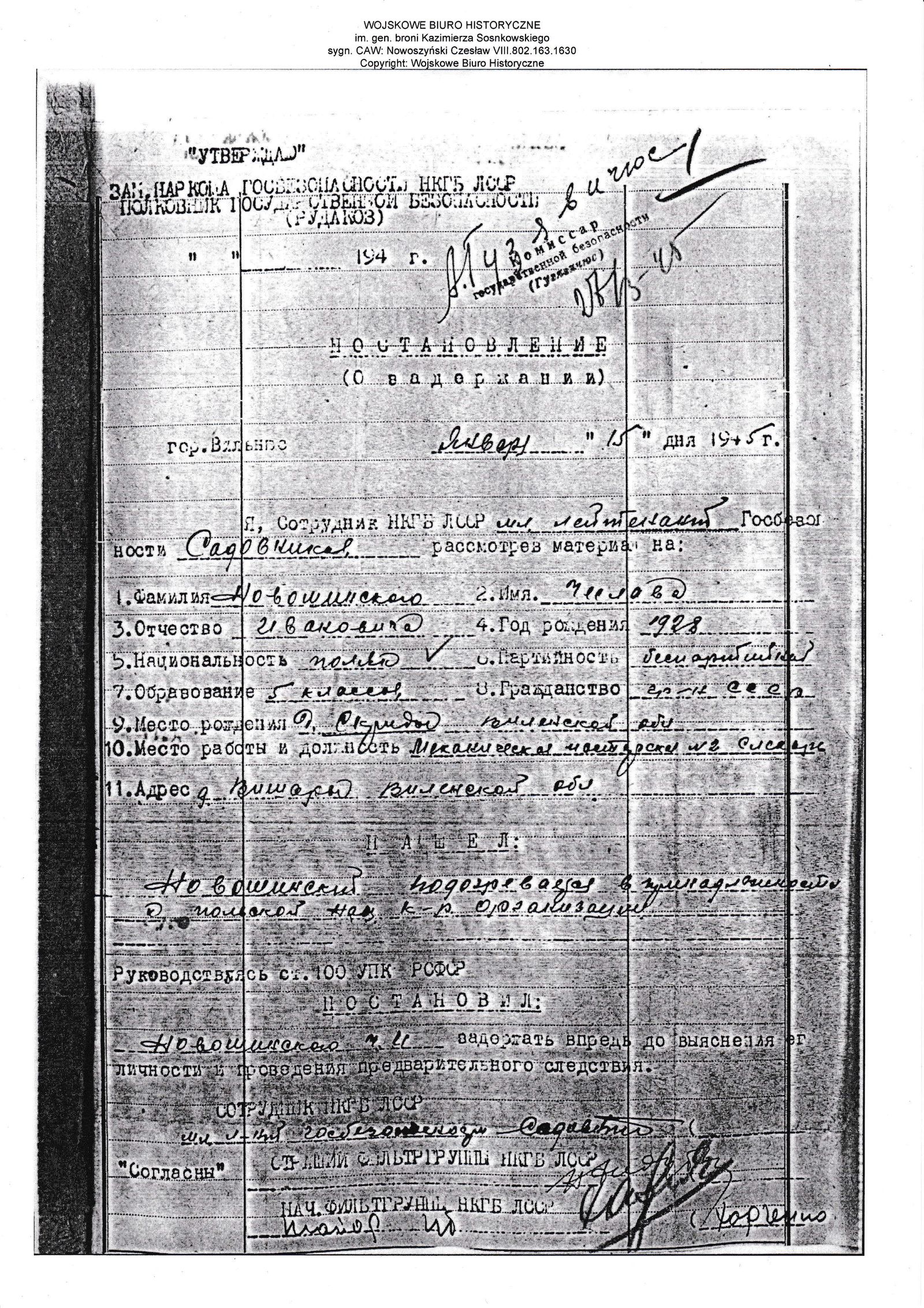 Postanowlenije o zadierżanii — nakaz zatrzymania Czesława Nowoszyńskiego, Wilno, styczeń 1945
