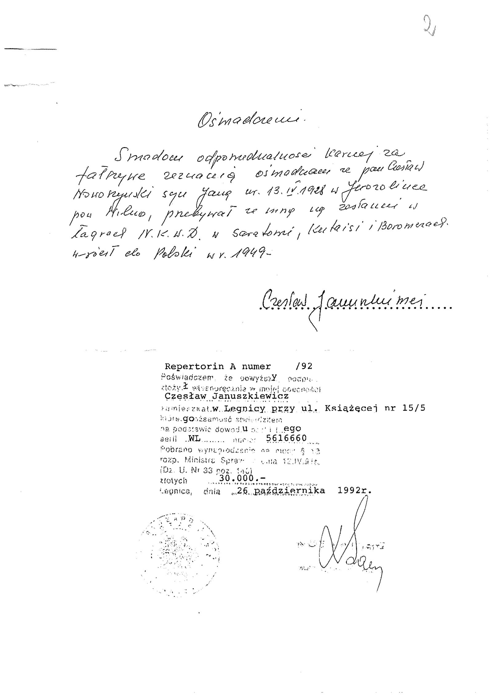 Oświadczenie notarialne Cz. Januszkiewicza — Czesław Nowoszyński
