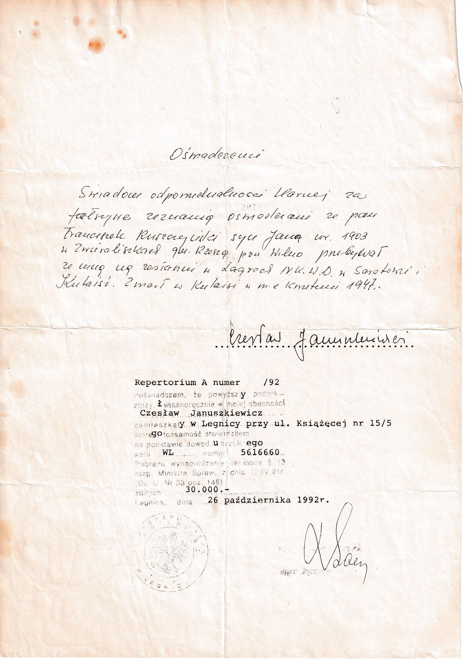 Oświadczenie notarialne Cz. Januszkiewicza — Franciszek Ruszczyński