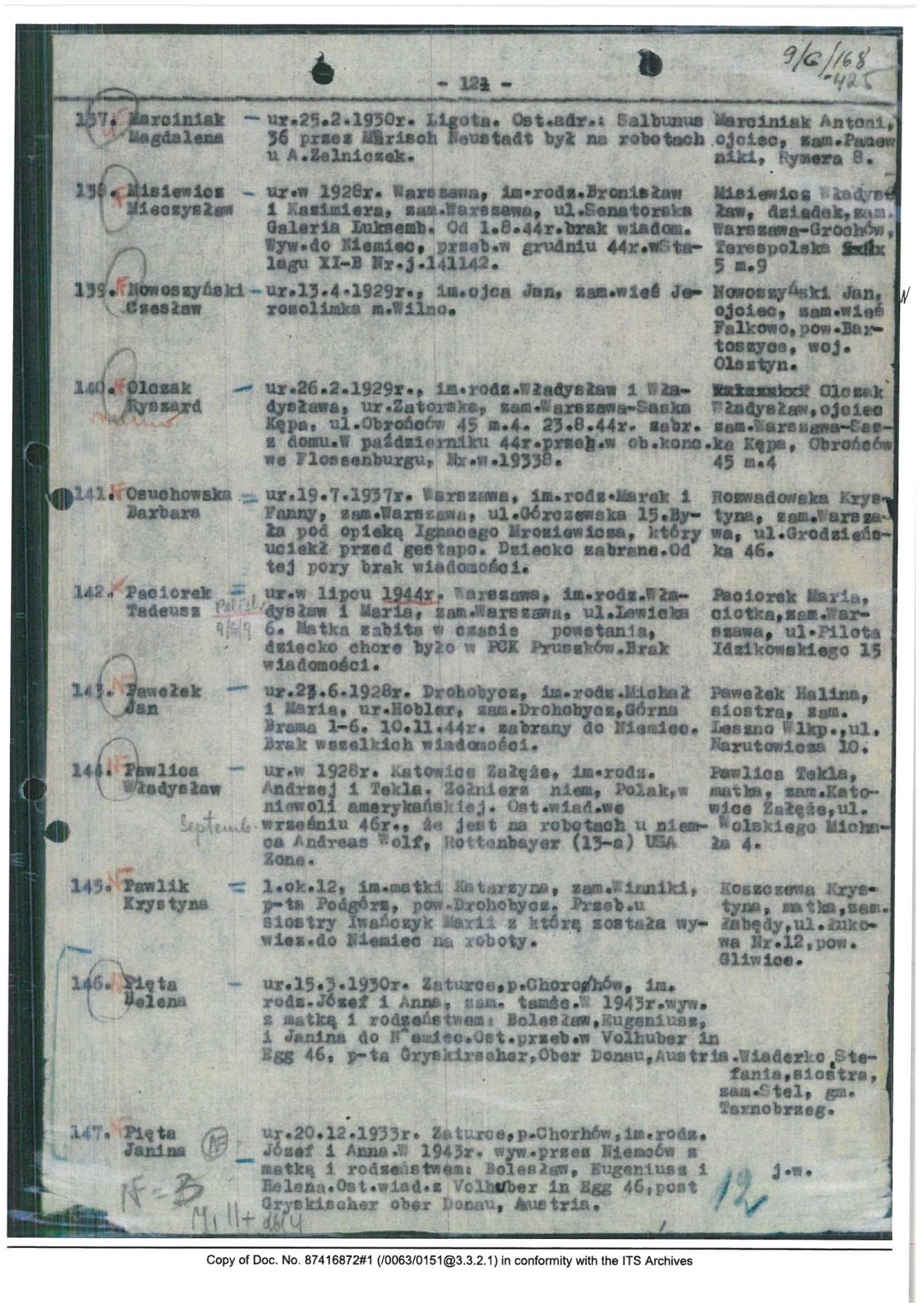 Lista PCK nr 4/49 — dzieci wywiezionych prawdopodobnie do Niemiec, poz. 139: Nowoszyński Czesław
